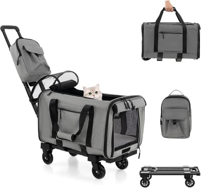 Hondenwagen met wielen - Reisbox huisdier - Comfortabel transport - Inklapbaar lichtgewicht frame - 59x37x64 cm - Grijs