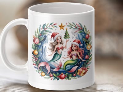 Mok Kerst Zeemeermin Mok, Feestelijke Zeemeerminnen, Vakantie Mok, Kerstmis, Waterverf Design, Uniek Geschenk, Kerstcadeau Idee