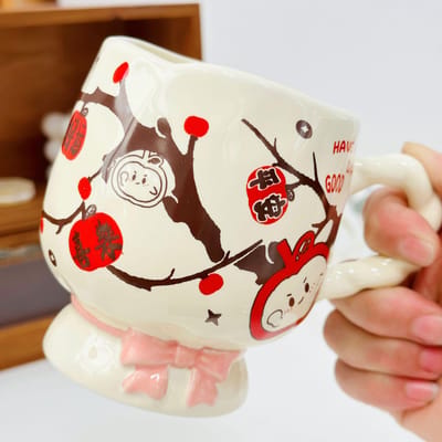 Chat Pomme avec Couvercle Mignon Dessin Animé Haute Valeur Grande Capacité Tasse en Céramique Petit Ensemble de Tasses Cadeau 400ML