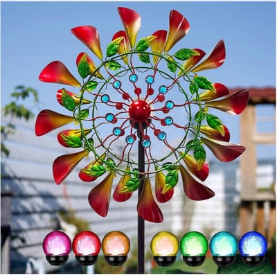 Metalen Windspinner - Tuindecoratie Windmolen - Tuin Verlichten - Dubbele Rotoren - 83 Inch Hoog - Blauw