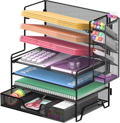 7-laags Bureau File Organizer met Pen Houder en Lades voor Kantoor en Thuis, Metalen Desktop Organizer in Zwart
