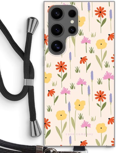 Case Company® - Hoesje met koord geschikt voor Samsung Galaxy S24 Ultra hoesje met Koord - Floral - Telefoonhoesje met Zwart Koord - Bescherming aan alle Kanten en Over de Schermrand