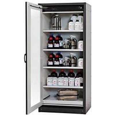 Veiligheidskast type 30 asecos Q-DISPLAY-30, scharnierende deur met glasuitsparing, linkshandig scharnier, front lichtgrijs, B 864 x D 620 x H 1947 mm