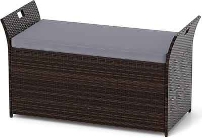 COSTWAY Tuinbank met opbergruimte, polyrotan zitbank met kussens en zijgrepen, opbergbox, tuinkist, tuinbox, 2-zits balkonbank voor tuin, balkon, terras