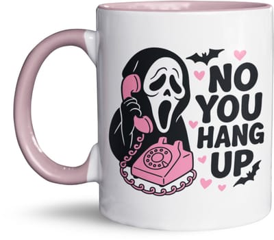 No You Hang Up Horror Mok – 325 ml Keramische Koffiemok met Schattige Slasher Cartoon, Roze Telefoon & Hartjes – Grappige Mok voor Horror Fans, Halloweenliefhebbers & Koppels met Zwarte Humor – Vaatwasser- en Magnetronbestendig – Perfect Cadeau