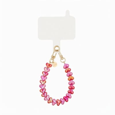xoxo Wildhearts telefoonkoord met clip - Funky Hearts (Metallic Roze en Rood) - Kort koord - Geschikt voor iPhone - Geschikt voor Samsung - Phone cord met koord clip - Easy Cord - Telefoonketting - Hartjes koord voor telefoon - Roze / Rood