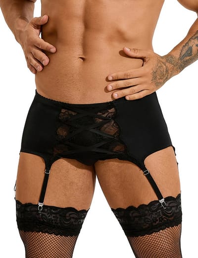 Zeloria Heren Jarretel Boxer Kant – Erotische Lingerie met Bandjes – Zwart – XL – Exclusief Kousen