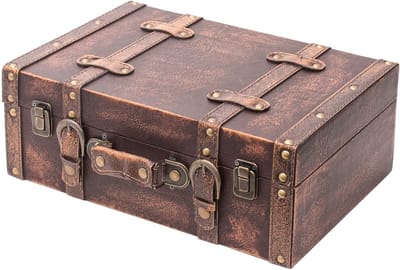Vintage Houten Decoratieve Koffer, Opbergdoos met Deksel en Leren Handvat, Stijlvolle Opbergoplossing voor Feestdagen, Bruiloften en Verjaardagen | 38 x 26 x 13 cm