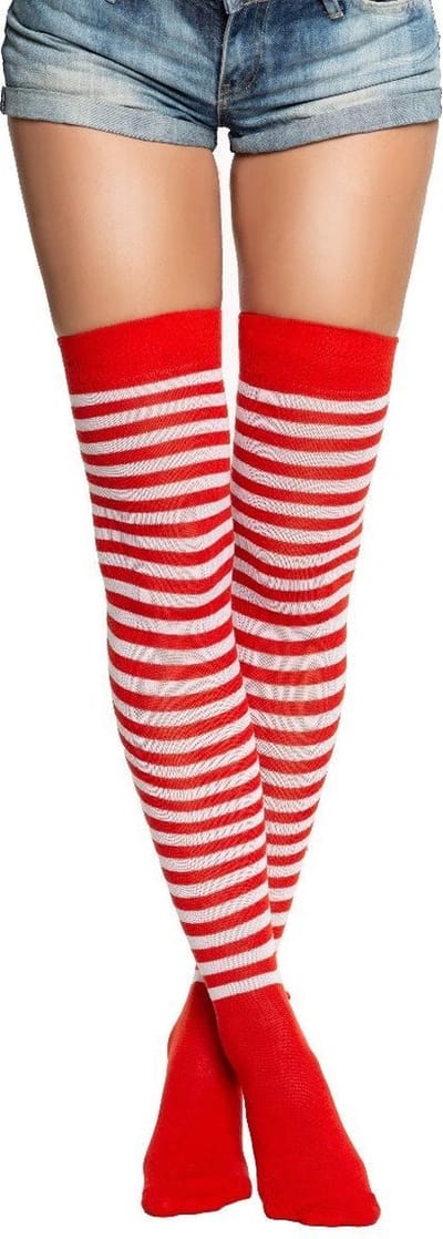Partychimp Voordeelverpakking 6 pack Overknee Kousen voor bij Carnavalskleding Dames Carnaval Accessoires Verkleedkleren Volwassenen - Rood/Wit - Katoen/Polyamide/Elastaan - One-Size - 6 pack