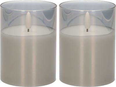 Cepewa LED Kaars - 2x stuks - met timer - grijs - glas - 7 x 10 cm - met timer - Woondecoratie - Elektrische kaarsen