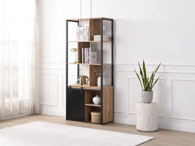 Vente-unique Boekenkast met opbergruimte en 1 schuifdeur van MDF en staal - Naturel en zwart - YALENA