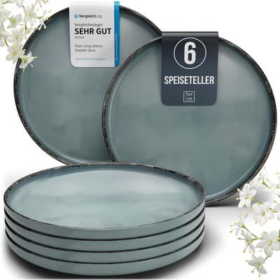 Pure Living Rustic Dinerborden - Rookblauw - Set Van 6 (Ø 26 cm) - Massief Aardewerk - Landelijk Design - Magnetron & Vaatwasserbestendig