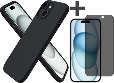 Hoesje met Privacy Screenprotector Geschikt voor iPhone 15 Plus Hoesje Siliconen - liquid case - Arara Backcover - Zwart