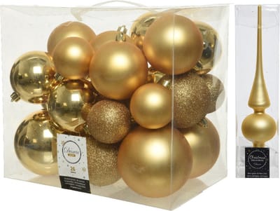 Kerstversiering kunststof kerstballen goud 6-8-10 cm pakket van 27x stuks - Met mat glazen piek van 26 cm