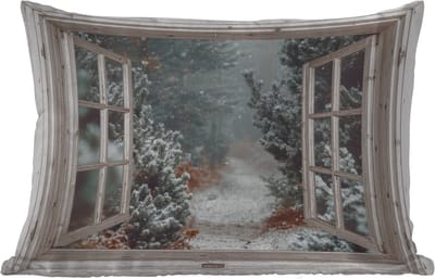Buitenkussens - Bos - Winter - Bomen - Natuur - Pad - Doorkijk - Wit - 60x40 cm - Weerbestendig
