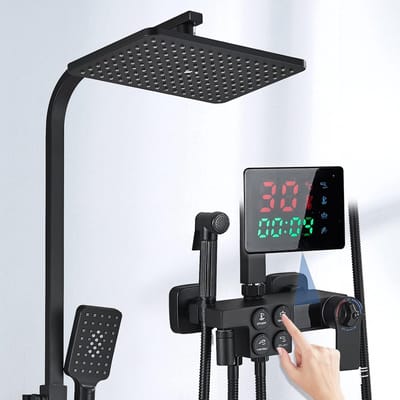 Thermostatische doucheset, 4 functies douchesysteem, LED digitaal display, met badkraan, spuitpistool