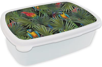 Broodtrommel Wit - Lunchbox - Brooddoos - Papegaai - Jungle - Patronen - 18x12x6 cm - Volwassenen