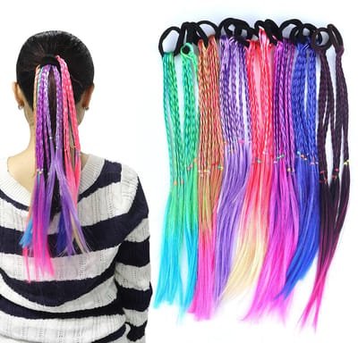 NTH products- Haarstrengen 14 Stuks - Kleurrijke Gevlochten Haar - Haarstukjes - Elastische Touwband - Meisjes - 35,5 cm Synthetisch - Haarextensies