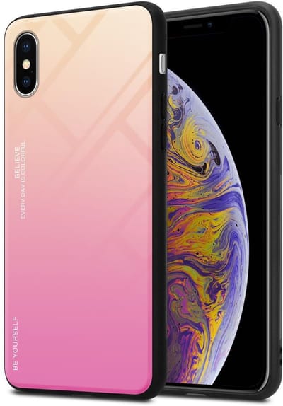 Cadorabo Hoesje geschikt voor Apple iPhone XS MAX in GEEL - ROZE - Tweekleurige beschermhoes van TPU-silicone Case Cover en achterzijde van gehard glas