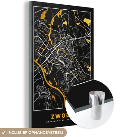 MuchoWow® Glasschilderij 40x60 cm - Schilderij acrylglas - Plattegrond - Zwolle - Goud - Zwart - Foto op glas - Schilderijen - Stadskaart