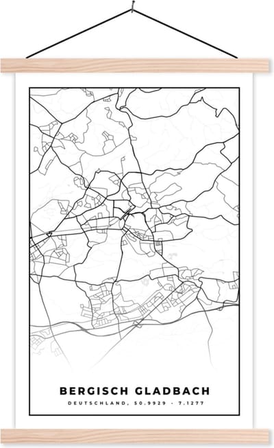 Posterhanger incl. Poster 40x60 cm - Schoolplaat - Kaart - Bergisch Gladbach - Stadskaart - Plattegrond - Textielposter - Blanke latten - Stadskaart