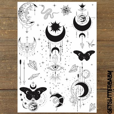 GetGlitterBaby® - Henna Plak Tattoos / Tijdelijke Tattoo / Nep Tatoeage / Fake Temporary Tattoo / Festival Tattoes / Temporary Face Body Glitter Tattoo Sticker - Mystical Moon