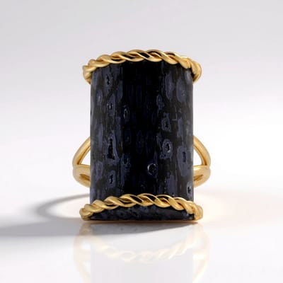 Cavill - 925 Sterling Zilver Ring - Versteend Jambi Palmhout 17 ct Baguette Cabochon - Modern Bali Barong Design - Statement 24x21 mm