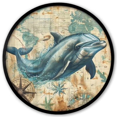Poster in lijst Rond - Fotolijst 40x40 cm - Posters - Vintage - Dolfijn - Dieren - Watercolor - Blauw - Ronde posterlijst zwart - Decoratie - Wanddecoratie woonkamer - Muurdecoratie slaapkamer