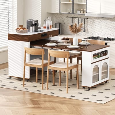 Clruro Keukeneiland - Op Wielen - Met Uitschuifbare Tafel en Geribbeld Glas - Met Stopcontact - Hout - Wit en Walnoot