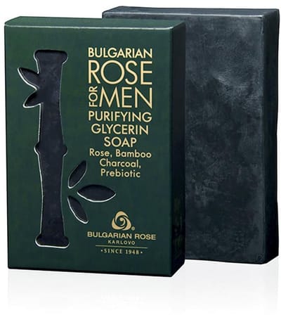 Zuiverende zeep Rose For Men | 80 g | Handgemaakte glycerinezeep voor mannen voor lichaam en haar met houtskool en 100% natuurlijke Bulgaarse rozenwater