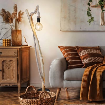 Globo Vloerlamp Nerida, lichtbruin, hout/hennep, hoogte 150 cm