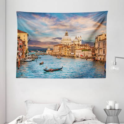 ABAKUHAUS Venetiaans wandtapijt en sprei, afbeelding van het Canal Grande in Italië, 230 x 140 cm, hemelsblauw champagne