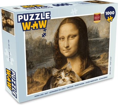 Puzzel Mona Lisa - Kat - Leonardo da Vinci - Vintage - Kunstwerk - Oude meesters - Schilderij - Legpuzzel - Puzzel 1000 stukjes volwassenen