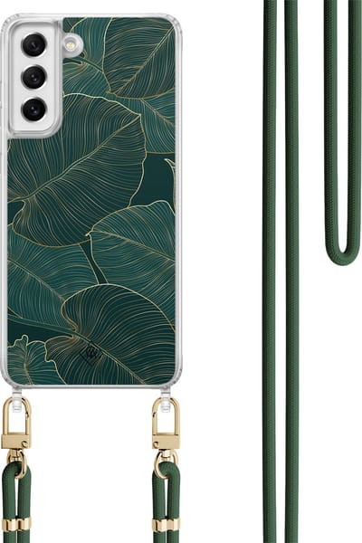 Casimoda® hoesje met koord - Geschikt voor Samsung S21 FE - Monstera Leaves - Afneembaar koord - TPU/polycarbonaat - Groen