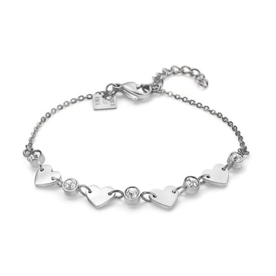 Twice As Nice Armband in edelstaal, 4 hartjes, 5 kristallen 16cm