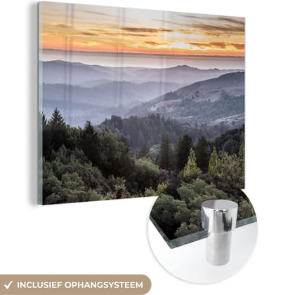 MuchoWow® Glasschilderij 40x30 cm - Schilderij acrylglas - Bergen - Zon - Bos - Landschap - Foto op glas - Schilderijen