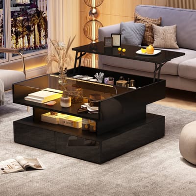 Salontafel - 80 x 80 x 45 cm - Verstelbare Salontafel met 2 Laden en Opbergruimte - LED - Glas - Zwart