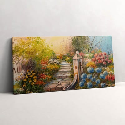 Wallfluent Foto Op Canvas Oliecompositie - stenen trap in het bos - 100 x 50 cm - Bruin Schilderijen Op Canvas Doek - Bloemen en Planten Canvas Foto - Natuur Schilderij Op Doek - Bloemen en Planten Canvas Schilderij