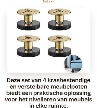 Dailygoods- Meubelpoten Krasbestendig - Verstelbare Meubelpoten - Nivelleerpoten - Stelvoeten - Draagvermogen 200 kg - Voor Meubels - Stelpoten
