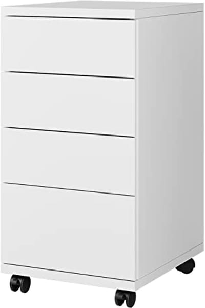 Rolcontainer met 4 schuifladen - Praktische ordnerkast op wielen voor kantoor en woonkamer - Wit 33 x 63,5 x 39 cm