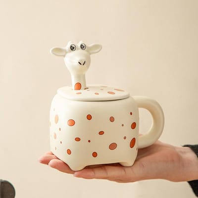 Tasse en Céramique Créative Tasse à Eau Girafe Dessin Animé Style In Tasse Ménagère avec Couvercle Grande Capacité Tasse à Café 380ML
