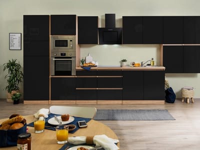Goedkope keuken 435  cm - complete keuken met apparatuur Lorena  - Eiken/Zwart - soft close - keramische kookplaat    - afzuigkap - oven - magnetron  - spoelbak