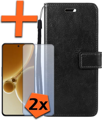 Hoes - Met 2x Screenprotector - Geschikt voor OnePlus Nord 3 - Luxe Pasjeshouder - Bookcase Portemonee - Flip Case - Kunstleer Book Case - Flipcase Hoes - Book Cover - Walletcase - PortemonneeHoes - Zwart
