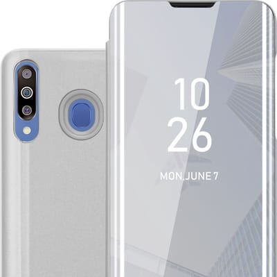 Cadorabo Hoesje geschikt voor Samsung Galaxy M30 / A40s in AGAAT ZILVER - Clear View Spiegel Beschermende Case met Tribunefunctie 360 Graden Bescherming Book Case Cover Etui