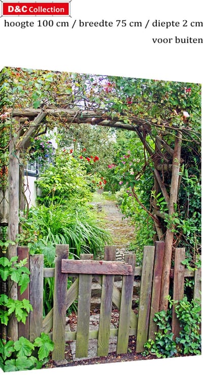 Tuincanvas tuin zicht - 100x75x2 cm - tuinposter - doorkijk - karakteristiek romantisch houten tuinhekje - schuttingposter - tuindoek - balkon decoratie
