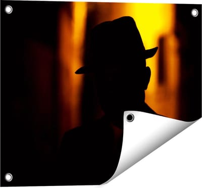 Gards Tuinposter Silhouet van een Man met een Hoed - 50x40 cm - Tuindoek - Tuindecoratie - Wanddecoratie buiten - Tuinschilderij