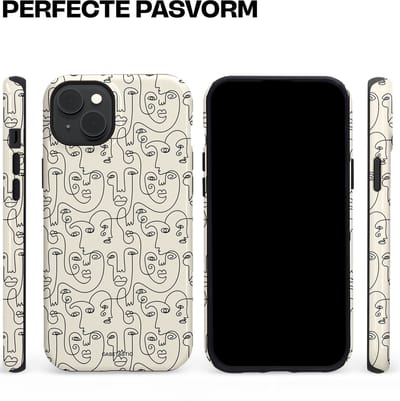 Casetastic hoesje geschikt voor Apple iPhone 15 Plus - MagSafe - Dubbellaagse bescherming - Art Deco Creme Abstractie Lijntekening Gezichten - Fashion Case - Zilver Crème Wit