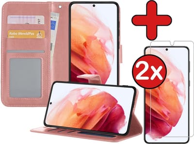 Hoesje - Met 2x Screenprotector - Geschikt voor Samsung Galaxy S21 - Luxe Pasjeshouder - Flip Case - Bookcase Portemonee - Kunstleer Book Case - Flipcase Hoes - Book Cover - Walletcase - Portemonneehoes - Telefoonhoes - Rosé goud