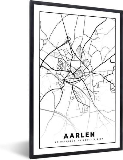 Fotolijst incl. Poster Zwart Wit- België – Aarlen – Stadskaart – Kaart – Zwart Wit – Plattegrond - 40x60 cm - Posterlijst