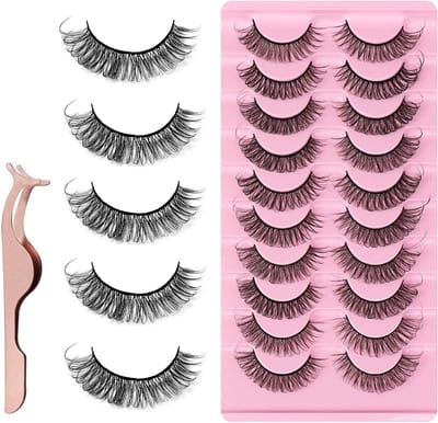 10 paar 3D valse wimpers voor natuurlijke oogmake-up - Lange curl kunstwimpers met wimperclip - Russische strip Wispy Fluffy wimpers